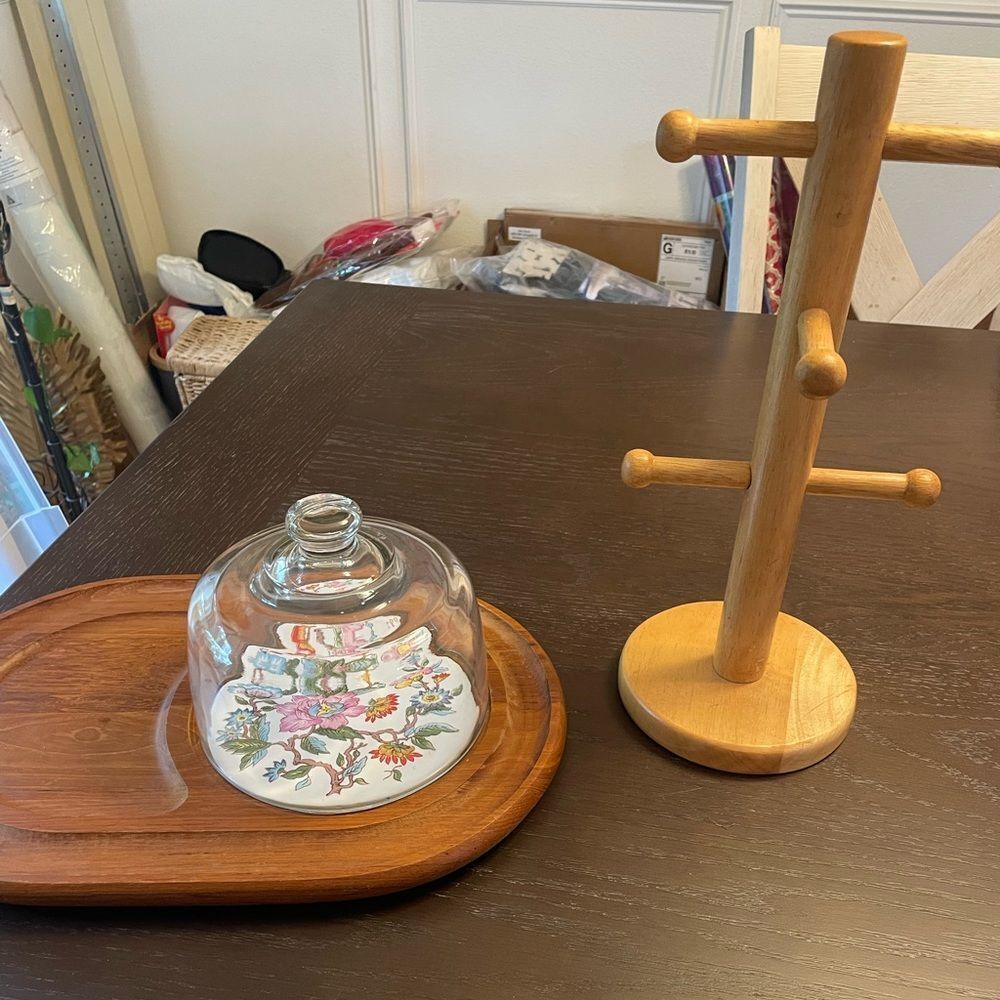 MCM Dolphin Teak Wood Charcuterie Board Glass Top Wood Vintage Cup Holder